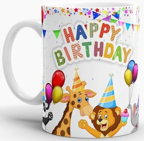 Happy Birthday Tasse Panda, Giraffe, Löwe & Elefant