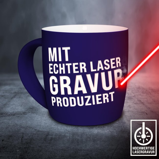 Gummierte Tasse mit Gravur zum selbst Beschriften - Blau