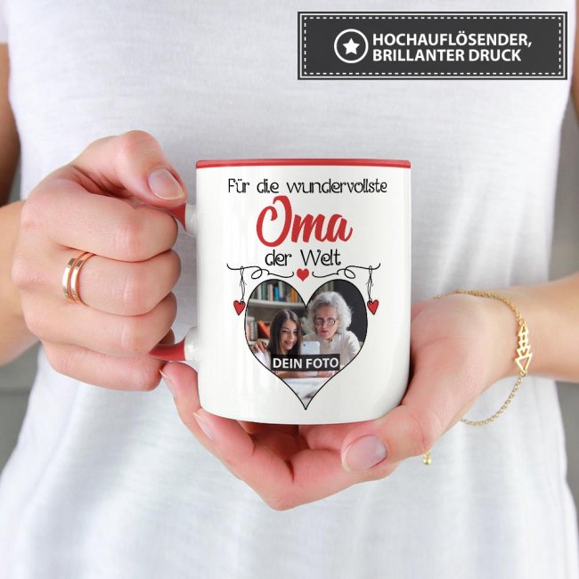 Tasse mit Foto - Wundervollste Oma - Innen &amp; Henkel Rot