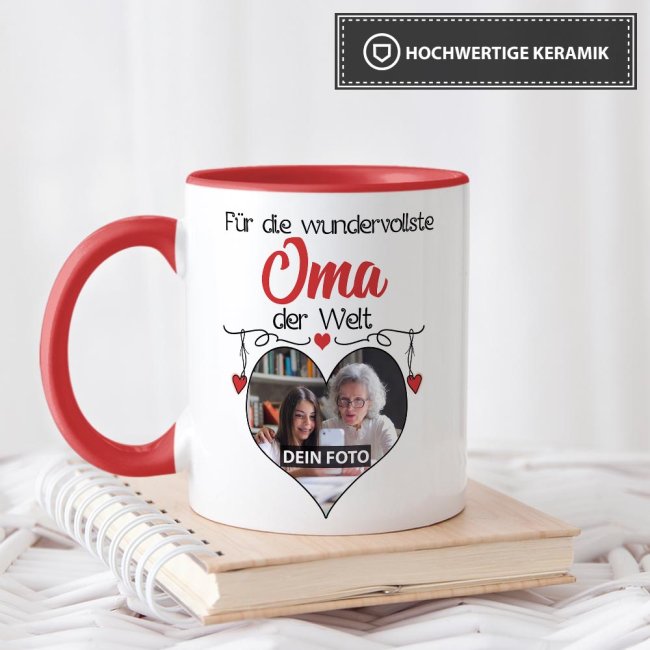 Tasse mit Foto - Wundervollste Oma - Innen &amp; Henkel Rot