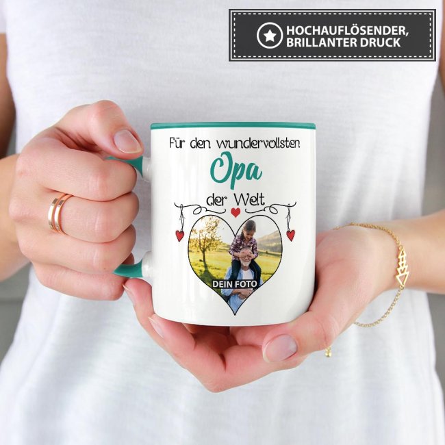 Tasse mit Foto - Wundervollster Opa - Innen &amp; Henkel T&uuml;rkis