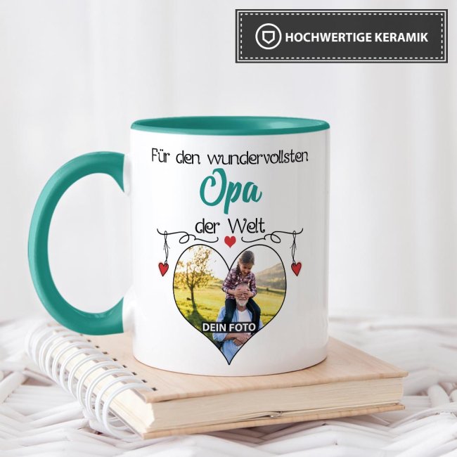 Tasse mit Foto - Wundervollster Opa - Innen &amp; Henkel T&uuml;rkis