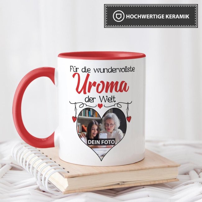 Tasse mit Foto - Wundervollste Uroma - Innen &amp; Henkel Rot