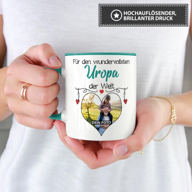 Tasse mit Foto - Wundervollster Uropa - Innen &amp; Henkel T&uuml;rkis