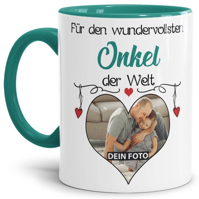 Tasse mit Foto - Wundervollster Onkel - Innen &amp; Henkel T&uuml;rkis