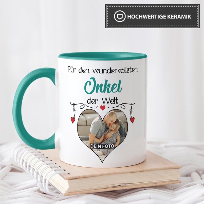 Tasse mit Foto - Wundervollster Onkel - Innen &amp; Henkel T&uuml;rkis