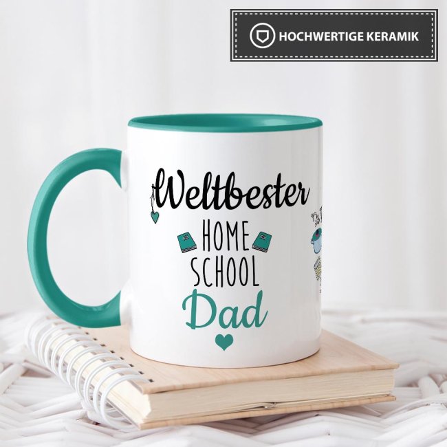 Tasse mit Spruch - Weltbester Home School Dad - Innen &amp; Henkel T&uuml;rkis