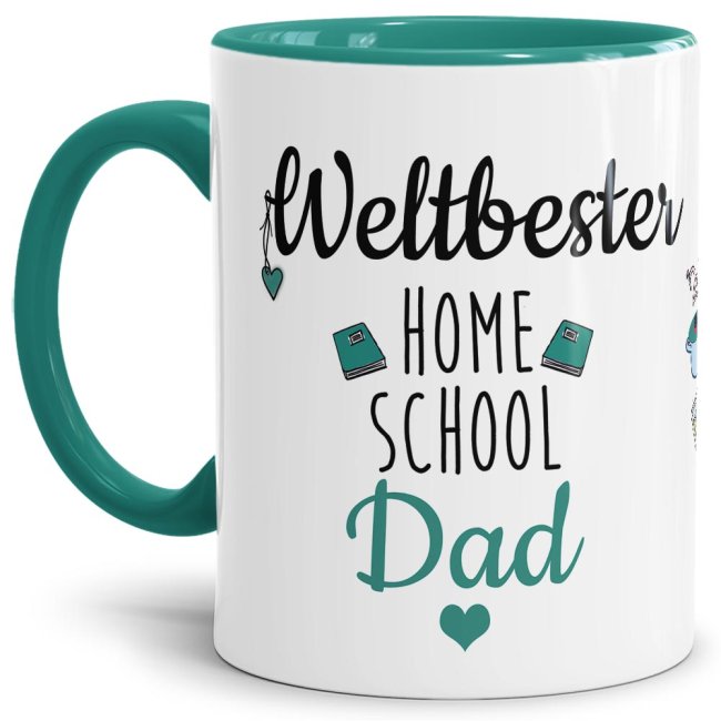 Tasse mit Spruch - Weltbester Home School Dad - Innen &amp; Henkel T&uuml;rkis