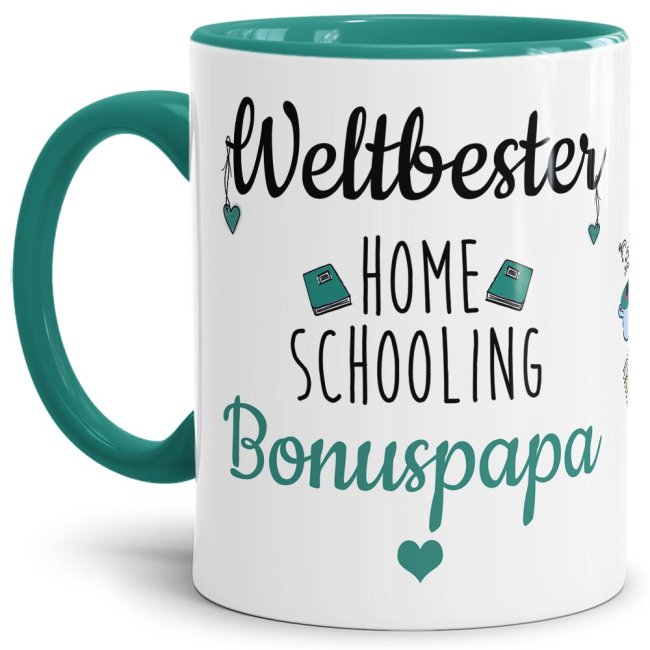 Tasse mit Spruch - Weltbester Homeschooling Bonuspapa - Innen&amp; Henkel T&uuml;rkis