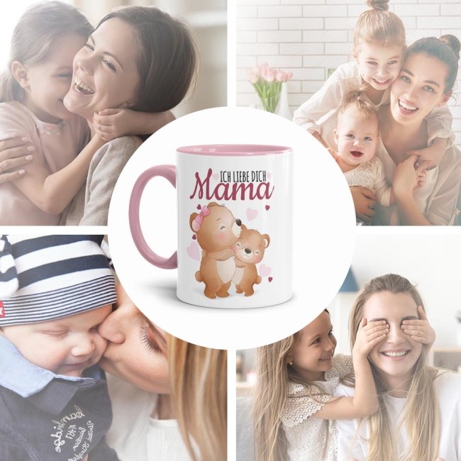Tasse mit Tiermotiv Teddys - Mama ich liebe Dich - Innen &amp; Henkel Rosa