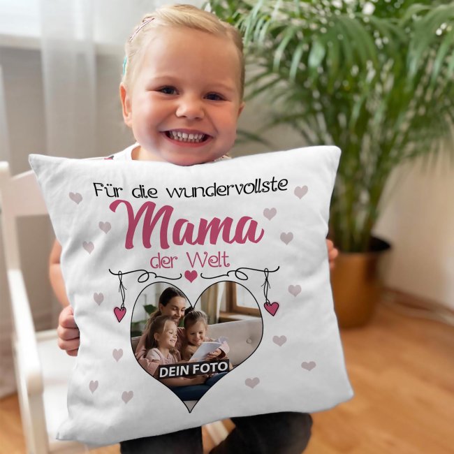 Kissen f&uuml;r die wundervollste Mama mit Fotocollage Herz - inkl. F&uuml;llung - Wei&szlig;