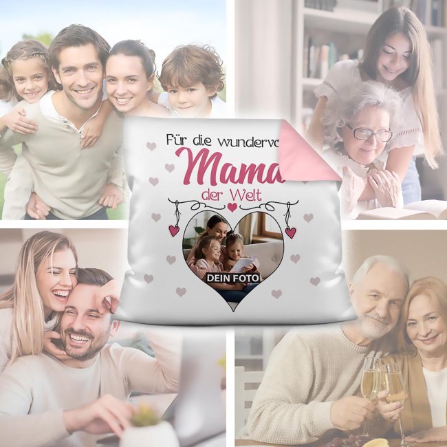 Kissen f&uuml;r die wundervollste Mama mit Fotocollage Herz - inkl. F&uuml;llung - R&uuml;ckseite Rosa