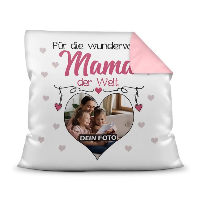 Kissen f&uuml;r die wundervollste Mama mit Fotocollage Herz - inkl. F&uuml;llung - R&uuml;ckseite Rosa