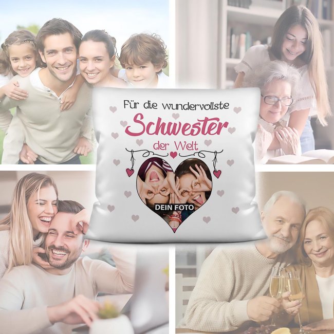 Kissen f&uuml;r die wundervollste Schwester mit Fotocollage Herz - inkl. F&uuml;llung - Wei&szlig;