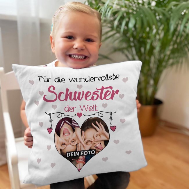 Kissen f&uuml;r die wundervollste Schwester mit Fotocollage Herz - inkl. F&uuml;llung - Wei&szlig;