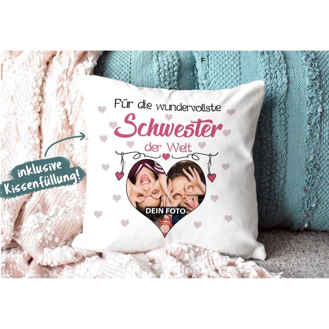 Kissen f&uuml;r die wundervollste Schwester mit Fotocollage Herz - inkl. F&uuml;llung - R&uuml;ckseite Pink