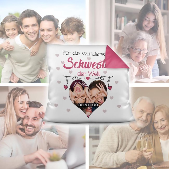 Kissen f&uuml;r die wundervollste Schwester mit Fotocollage Herz - inkl. F&uuml;llung - R&uuml;ckseite Pink