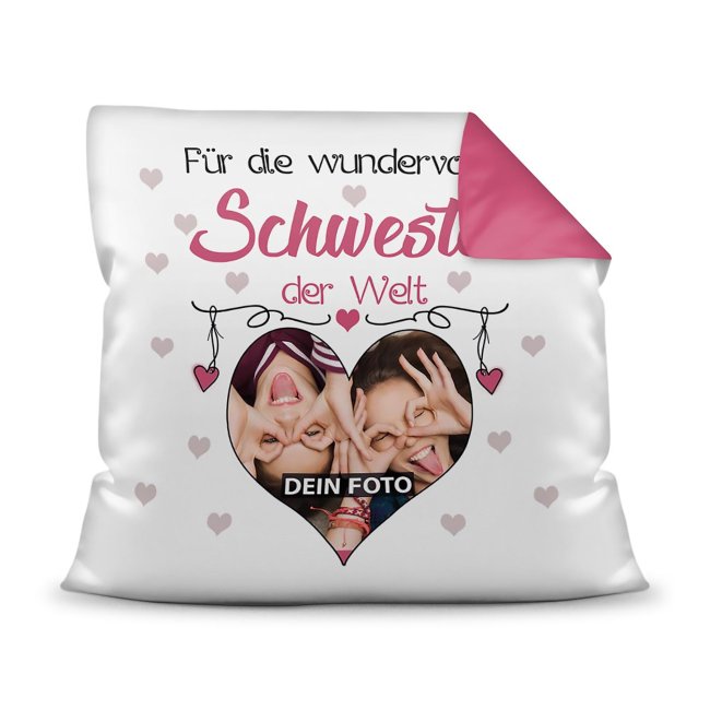 Kissen f&uuml;r die wundervollste Schwester mit Fotocollage Herz - inkl. F&uuml;llung - R&uuml;ckseite Pink