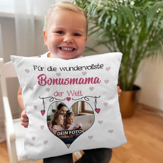 Kissen f&uuml;r die wundervollste Bonusmama mit Fotocollage Herz - inkl. F&uuml;llung - Wei&szlig;