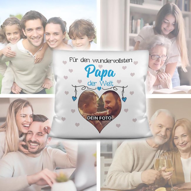 Kissen f&uuml;r den wundervollsten Papa mit Fotocollage Herz - inkl. F&uuml;llung - Wei&szlig;