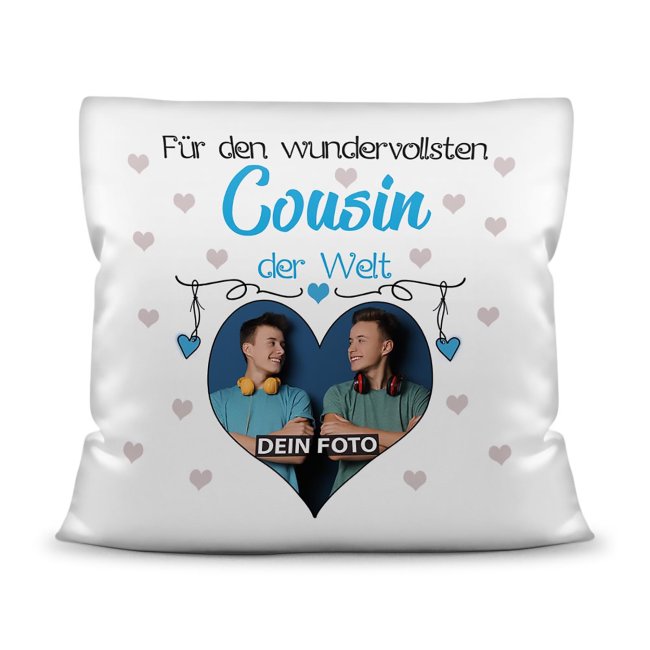 Kissen f&uuml;r den wundervollsten Cousin mit Fotocollage Herz - inkl. F&uuml;llung - Wei&szlig;