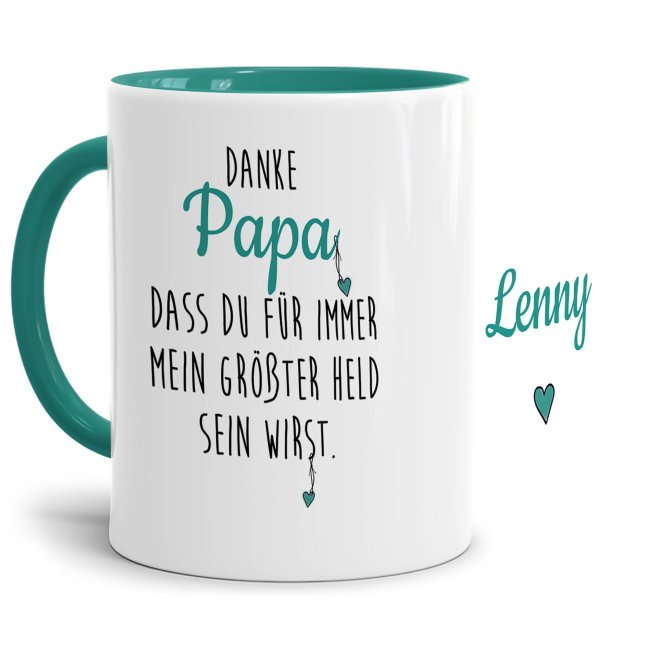 Danke Tasse f&uuml;r Papa - Du bist mein Held - Innen &amp; Henkel T&uuml;rkis - mit Wunschname