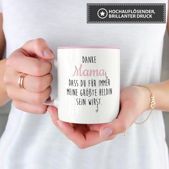 Danke Tasse f&uuml;r Mama - Du bist meine Heldin - Innen &amp; Henkel Rosa - mit Wunschname