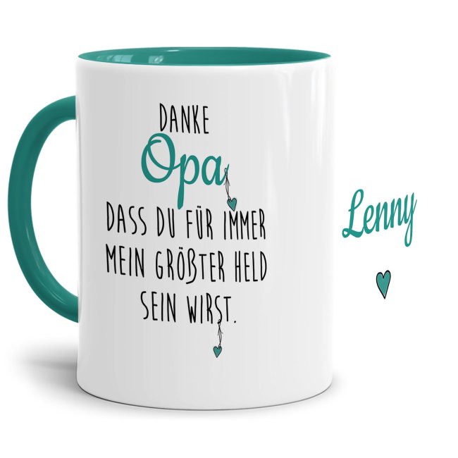 Danke Tasse f&uuml;r Opa - Du bist mein Held - Innen &amp; Henkel T&uuml;rkis - mit Wunschname