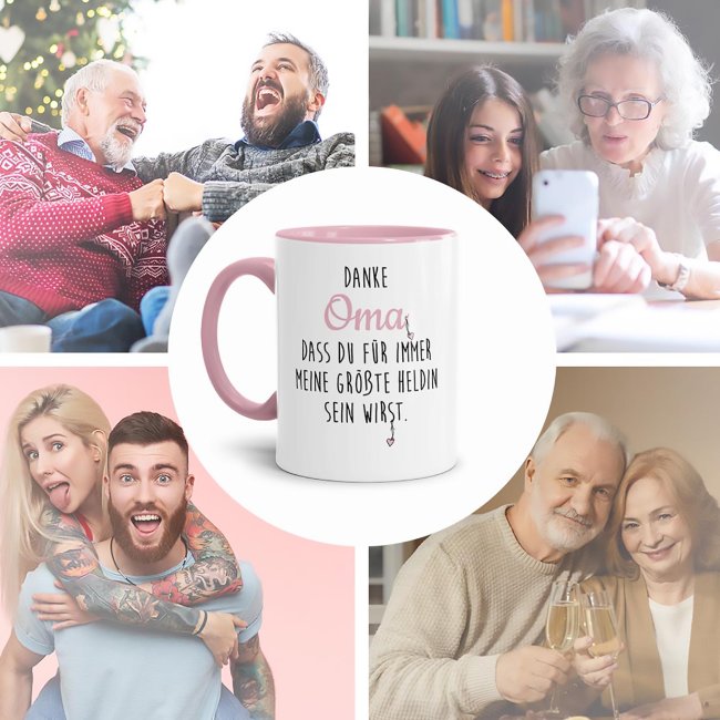 Danke Tasse f&uuml;r Oma - Du bist meine Heldin - Innen &amp; Henkel Rosa - mit Wunschname