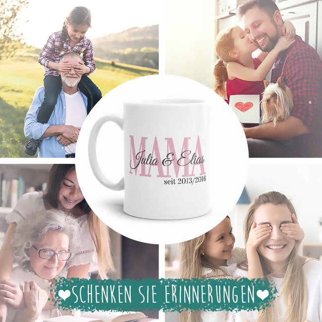 Tasse f&uuml;r Mama mit Kindernamen und Geburtsjahr selbst gestalten - Wei&szlig; Glanz