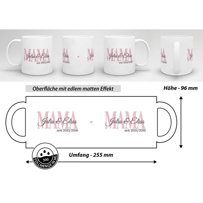 Tasse f&uuml;r Mama mit Kindernamen und Geburtsjahr selbst gestalten - Wei&szlig; Matt