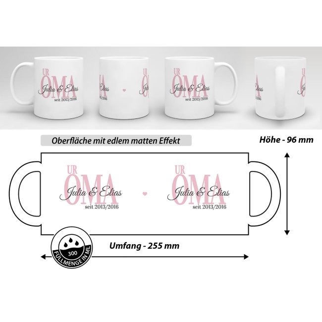 Tasse f&uuml;r die Uroma mit Kindernamen und Geburtsjahr selbst gestalten - Wei&szlig; Matt