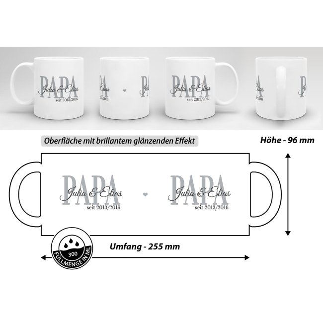 Tasse f&uuml;r Papa mit Kindernamen und Geburtsjahr selbst gestalten - Wei&szlig; Glanz