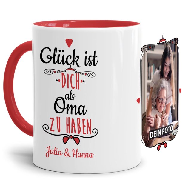 Tasse f&uuml;r Oma von - mit Wunschnamen und Foto - Innen &amp; Henkel Rot