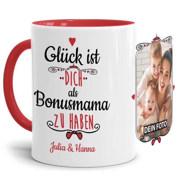 Tasse f&uuml;r Bonusmama von - mit Wunschnamen und Foto - Innen &amp; Henkel Rot