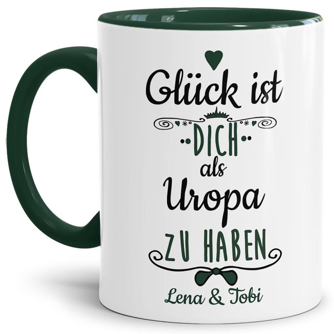 Tasse f&uuml;r Uropa von - mit Wunschnamen - Innen &amp; Henkel Dunkelgr&uuml;n