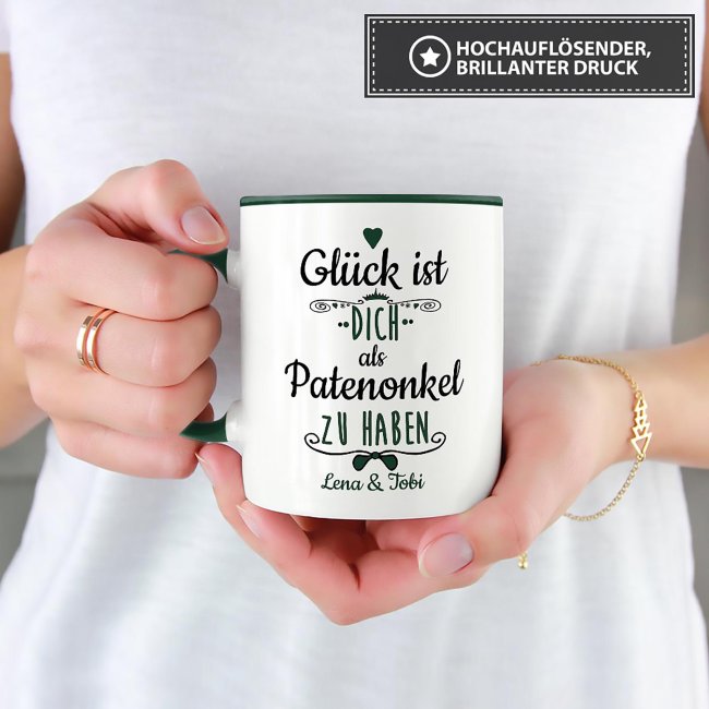 Tasse f&uuml;r Patenonkel von - mit Wunschnamen - Innen &amp; Henkel Dunkelgr&uuml;n