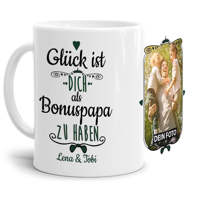 Tasse f&uuml;r Bonuspapa von - mit Wunschnamen und Foto - Wei&szlig;