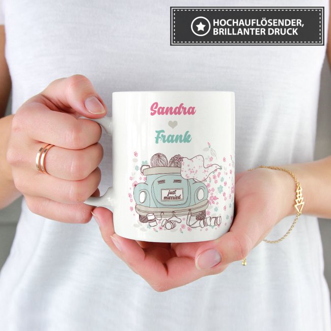 Tasse zur Hochzeit mit WUNSCHNAMEN - Just Married - Wei&szlig;