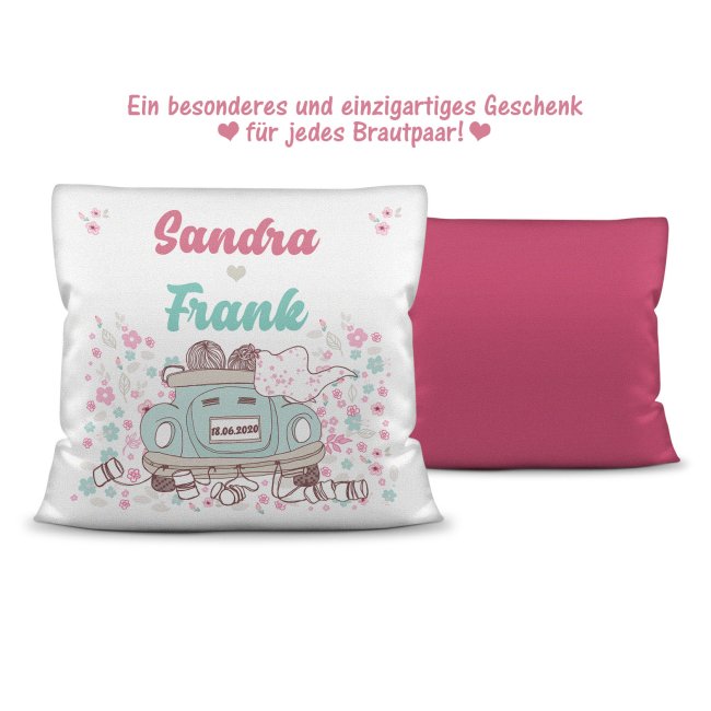 Hochzeits-Kissen mit WUNSCHNAMEN und WUNSCHDATUM - Just Married Farbkissen R&uuml;ckseite Pink