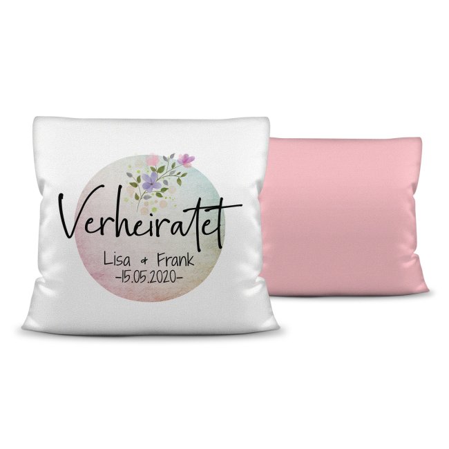 Kissen zur Hochzeit - Verheiratet - mit WUNSCHNAME und WUNSCHDATUM Farbkissen R&uuml;ckseite Rosa