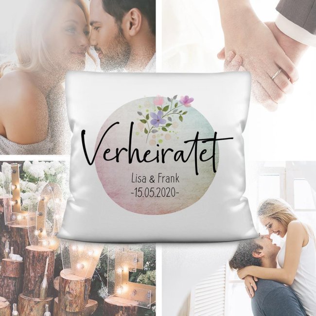 Kissen zur Hochzeit - Verheiratet - mit WUNSCHNAME und WUNSCHDATUM Farbkissen R&uuml;ckseite Rosa