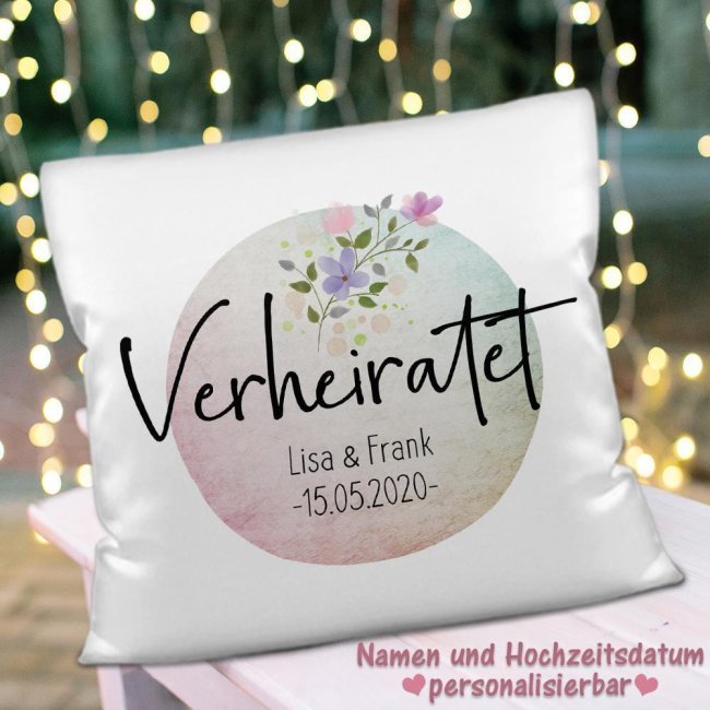 Kissen zur Hochzeit - Verheiratet - mit WUNSCHNAME und WUNSCHDATUM Farbkissen R&uuml;ckseite Rosa