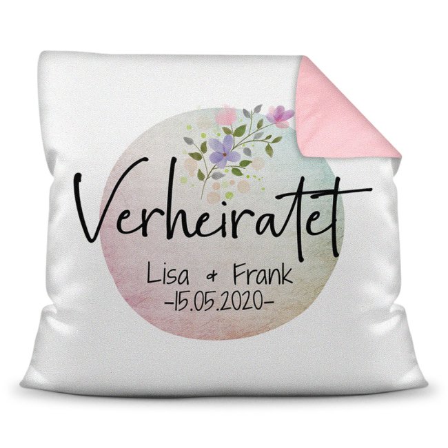 Kissen zur Hochzeit - Verheiratet - mit WUNSCHNAME und WUNSCHDATUM Farbkissen R&uuml;ckseite Rosa