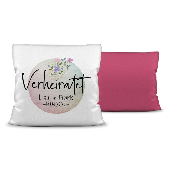 Kissen zur Hochzeit - Verheiratet - mit WUNSCHNAME und WUNSCHDATUM Farbkissen R&uuml;ckseite Pink