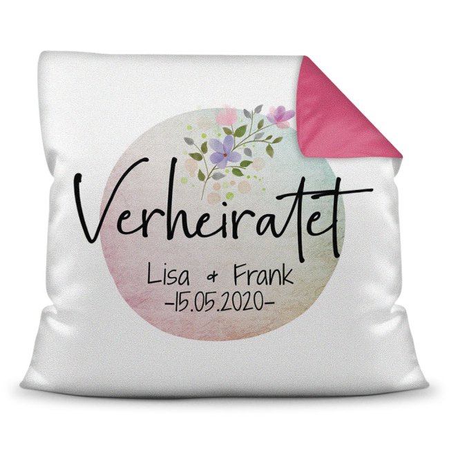 Kissen zur Hochzeit - Verheiratet - mit WUNSCHNAME und WUNSCHDATUM Farbkissen R&uuml;ckseite Pink