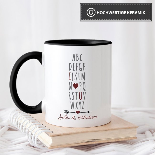 Tasse mit Spruch - I love you ILU - mit Wunschnamen - Innen &amp; Henkel Schwarz