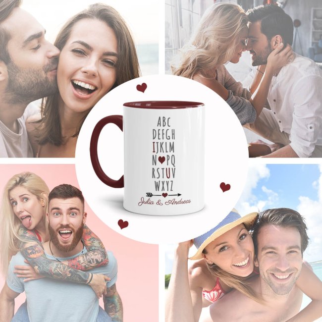 Tasse mit Spruch - I love you ILU - mit Wunschnamen - Innen &amp; Henkel Weinrot