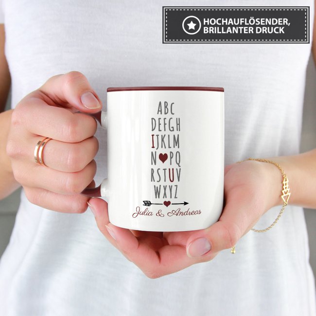 Tasse mit Spruch - I love you ILU - mit Wunschnamen - Innen &amp; Henkel Weinrot