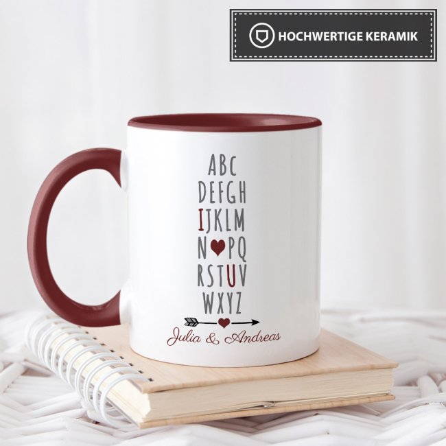 Tasse mit Spruch - I love you ILU - mit Wunschnamen - Innen &amp; Henkel Weinrot